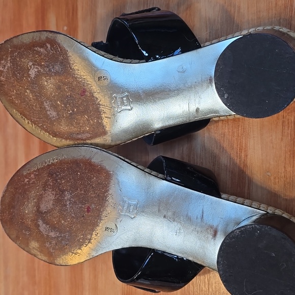 Black Patent Leather and Straw Heeled Sandal Thong - Picture 5 of 9